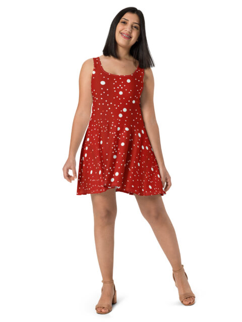 Elegant Red Sleeveless Skater Dress | Flared A-Line Design with Vibrant Print